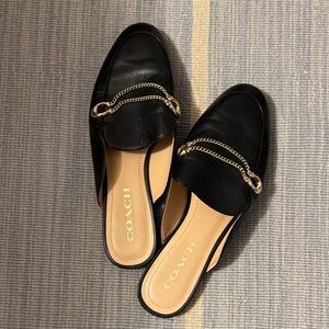 Coach Black Leather Loafers with Gold Chain Detail